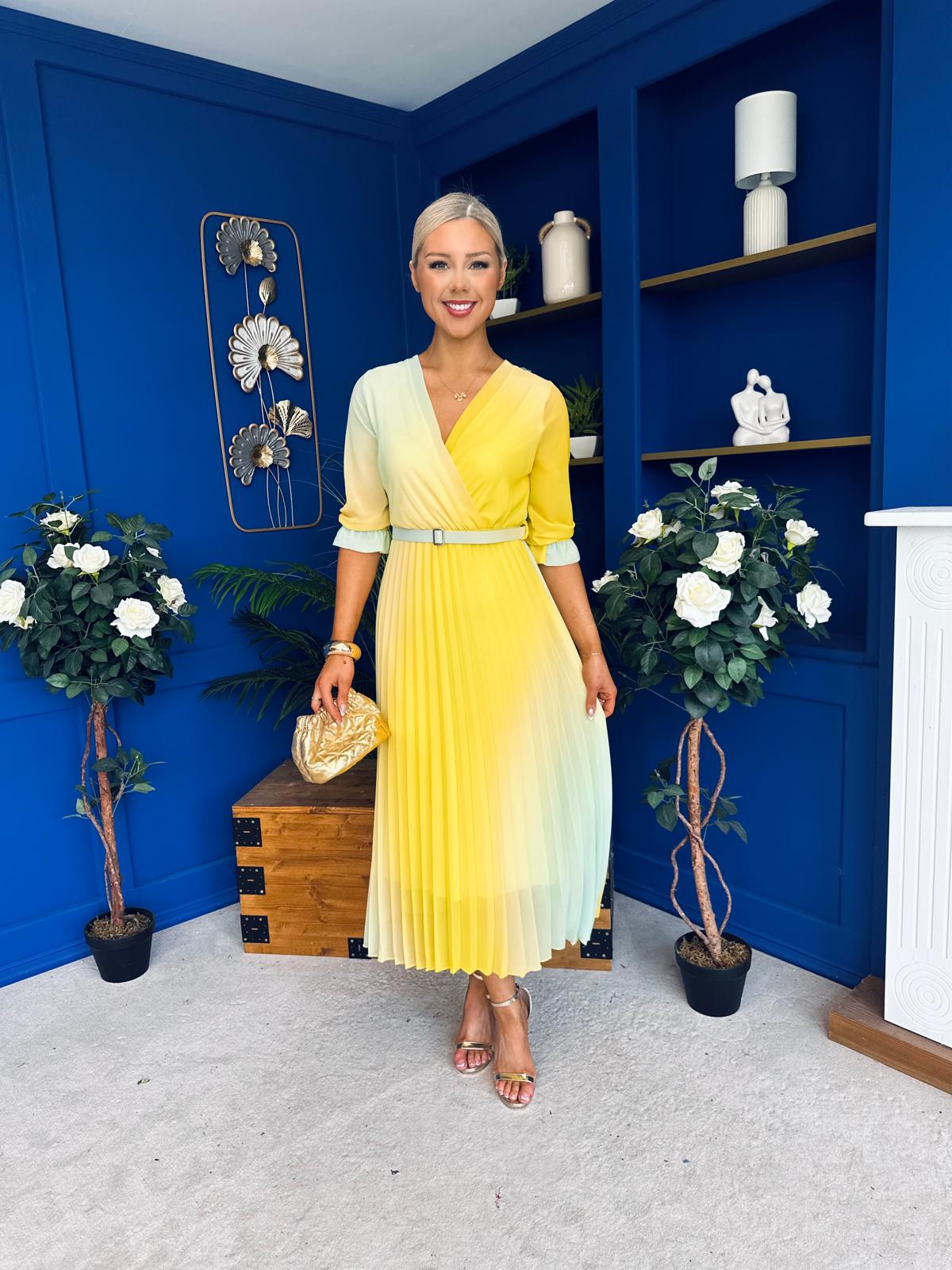 Danny Pleated Midi Dress Ombre Yellow