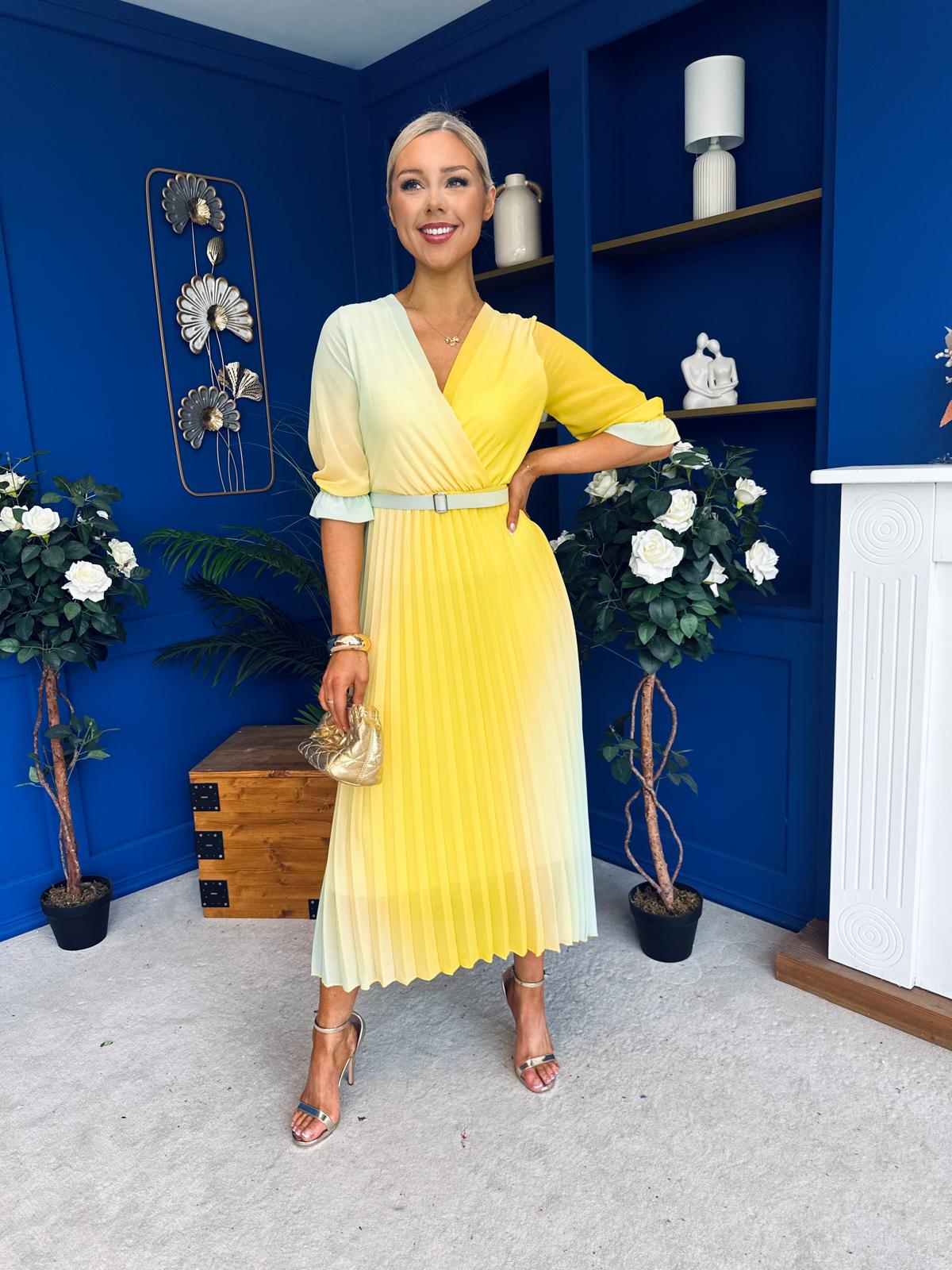 Danny Pleated Midi Dress Ombre Yellow