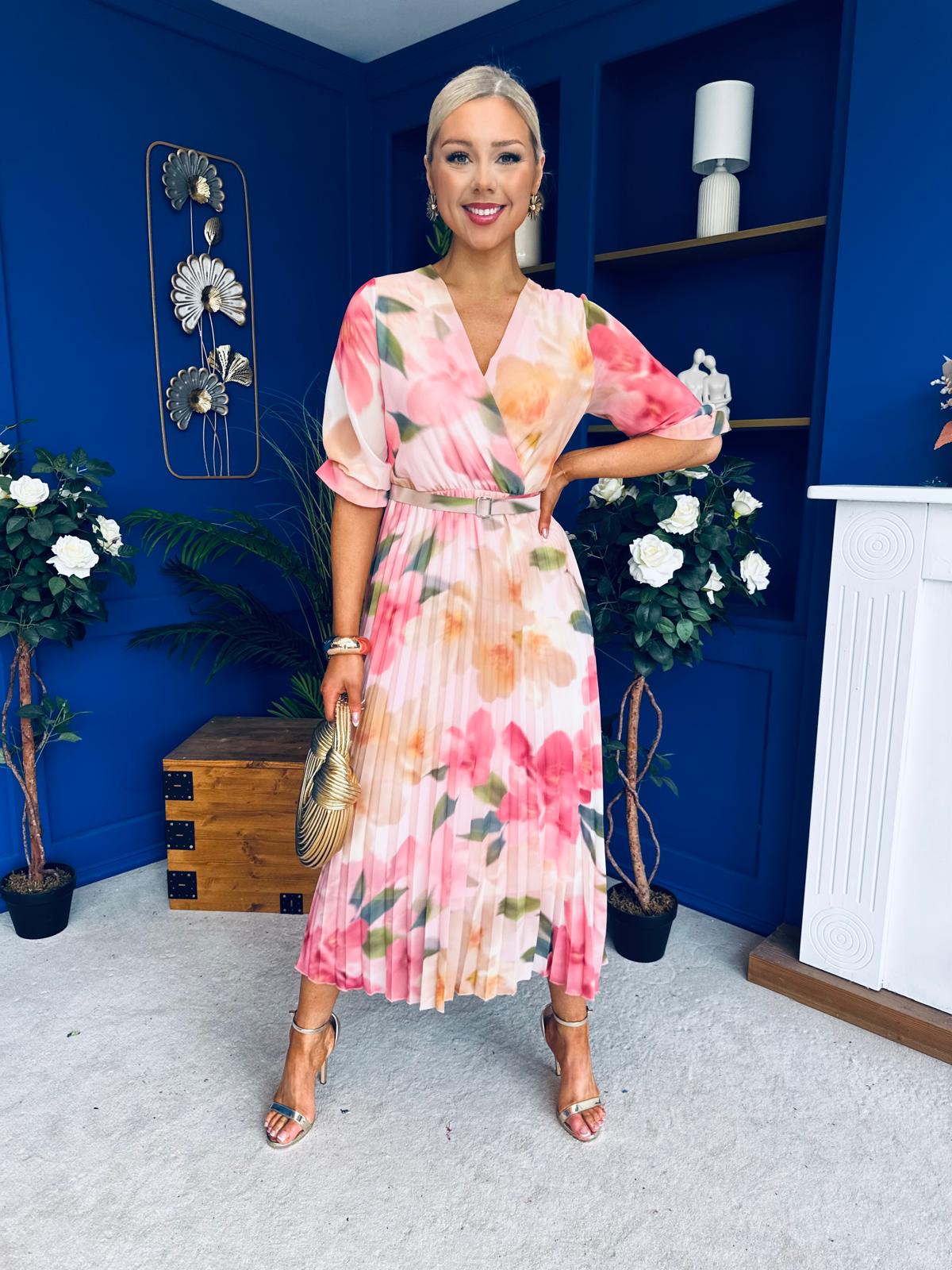 Danny Pleated Midi Dress Floral Peach – Canella Lane