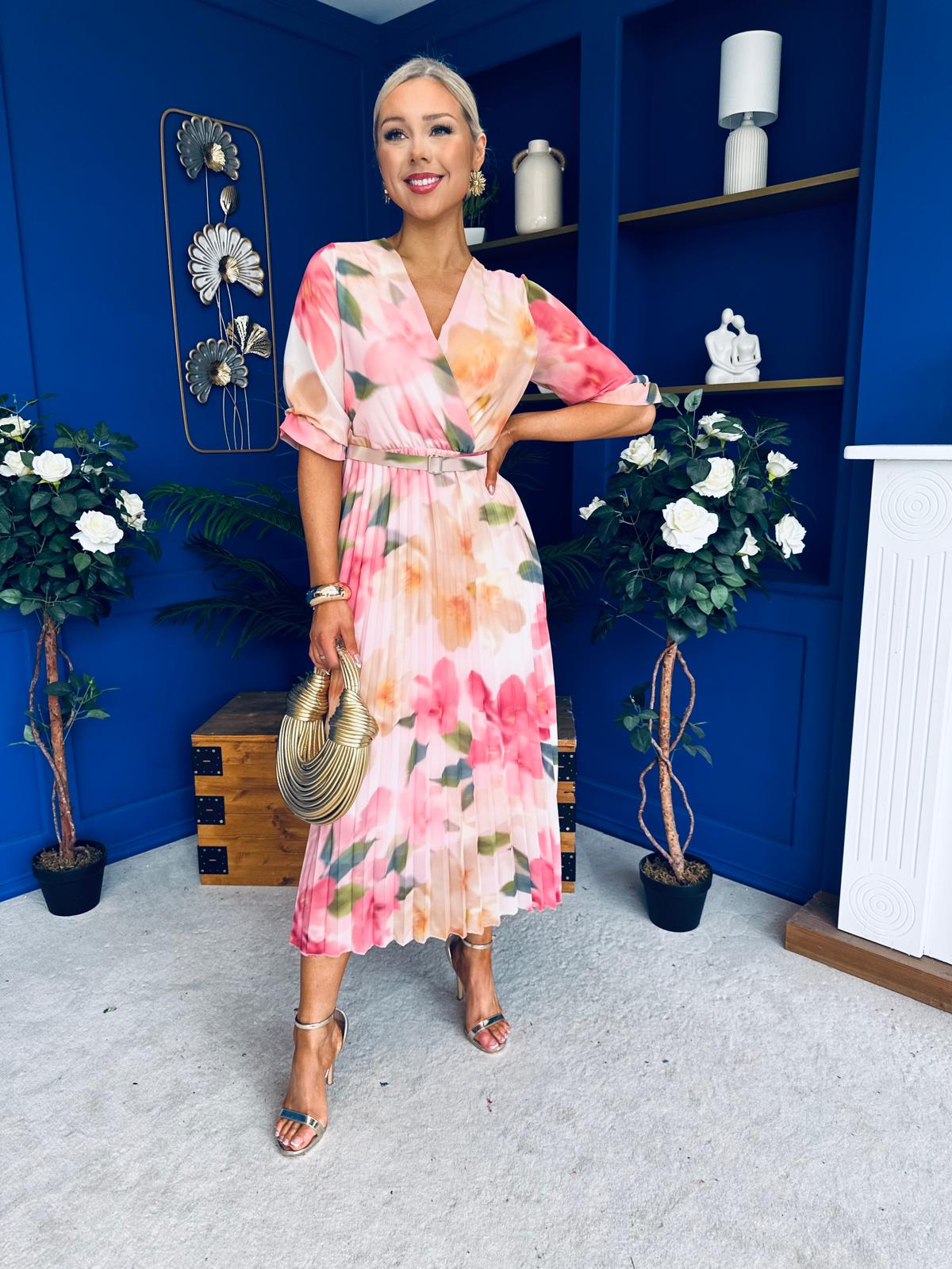 Danny Pleated Midi Dress Floral Peach