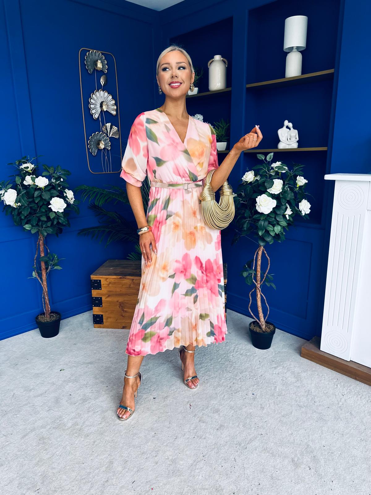 Danny Pleated Midi Dress Floral Peach