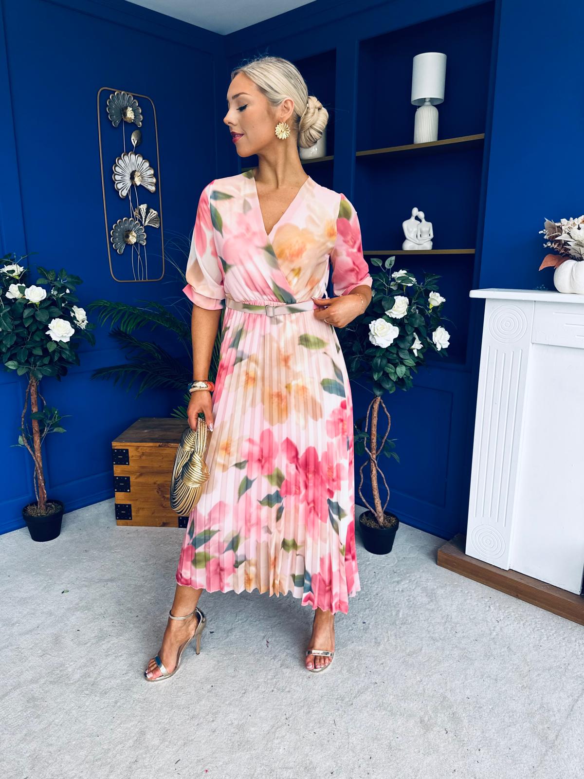 Danny Pleated Midi Dress Floral Peach