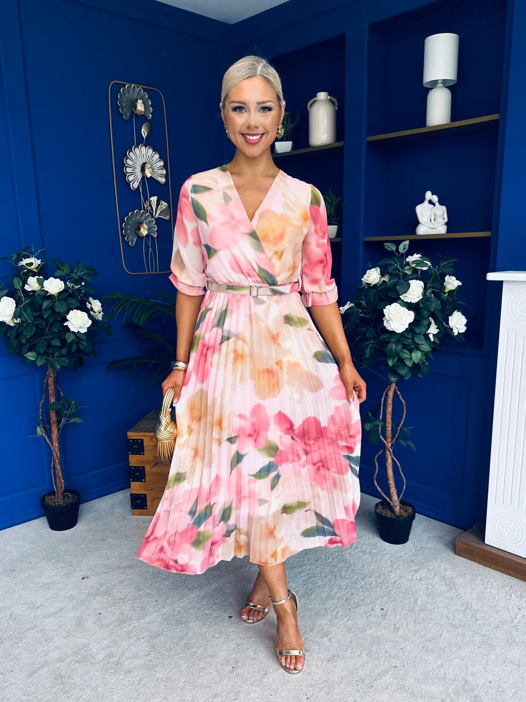 Danny Pleated Midi Dress Floral Peach