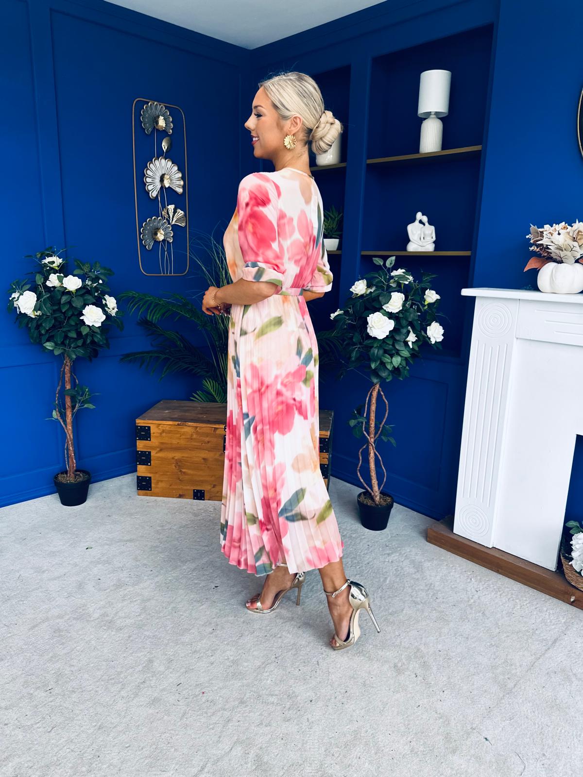 Danny Pleated Midi Dress Floral Peach