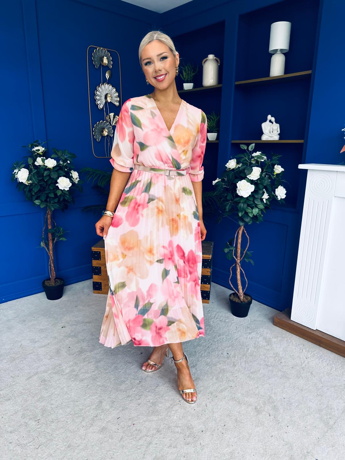 Danny Pleated Midi Dress Floral Peach