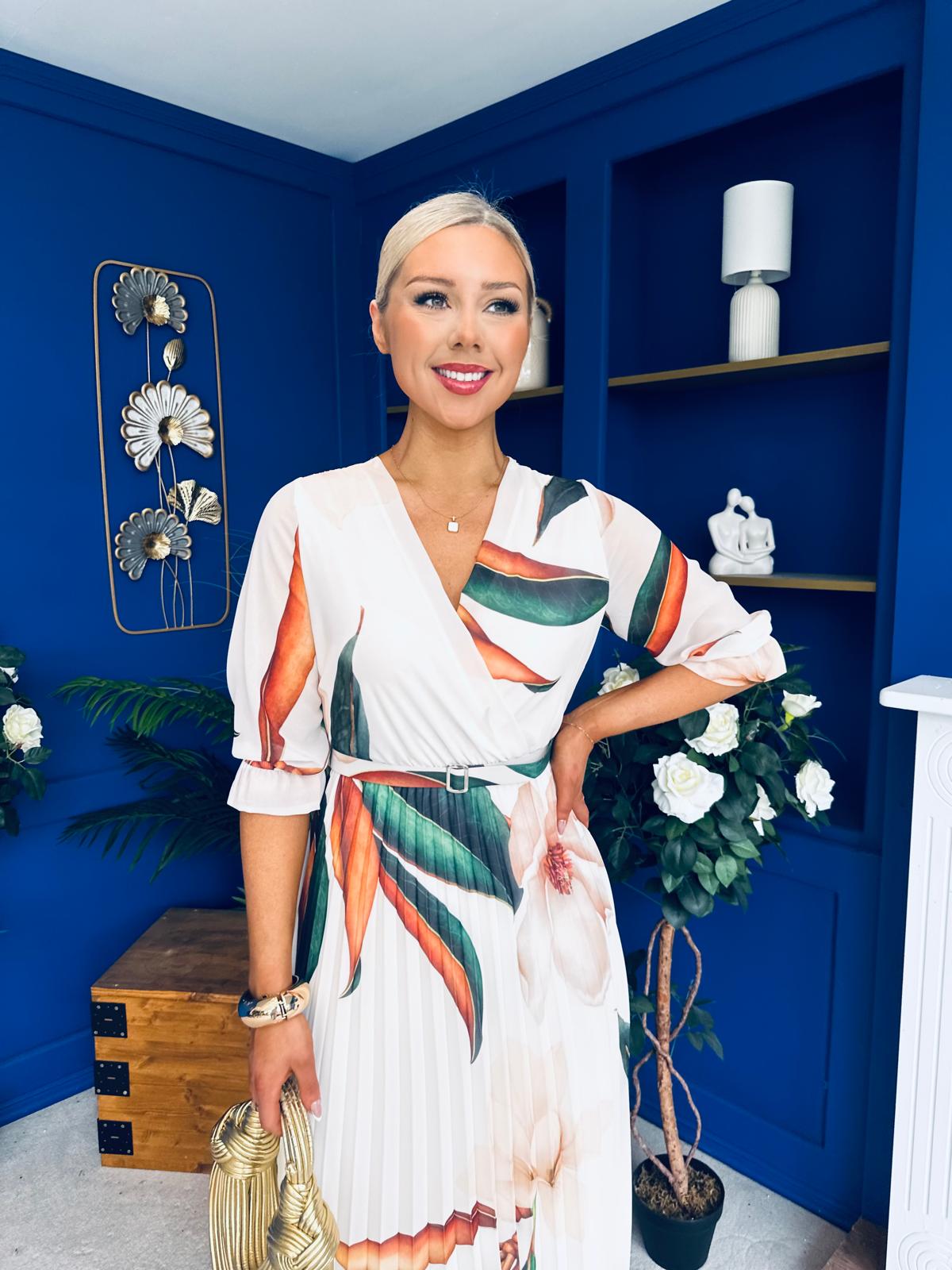 Danny Pleated Midi Dress Leaf Cream