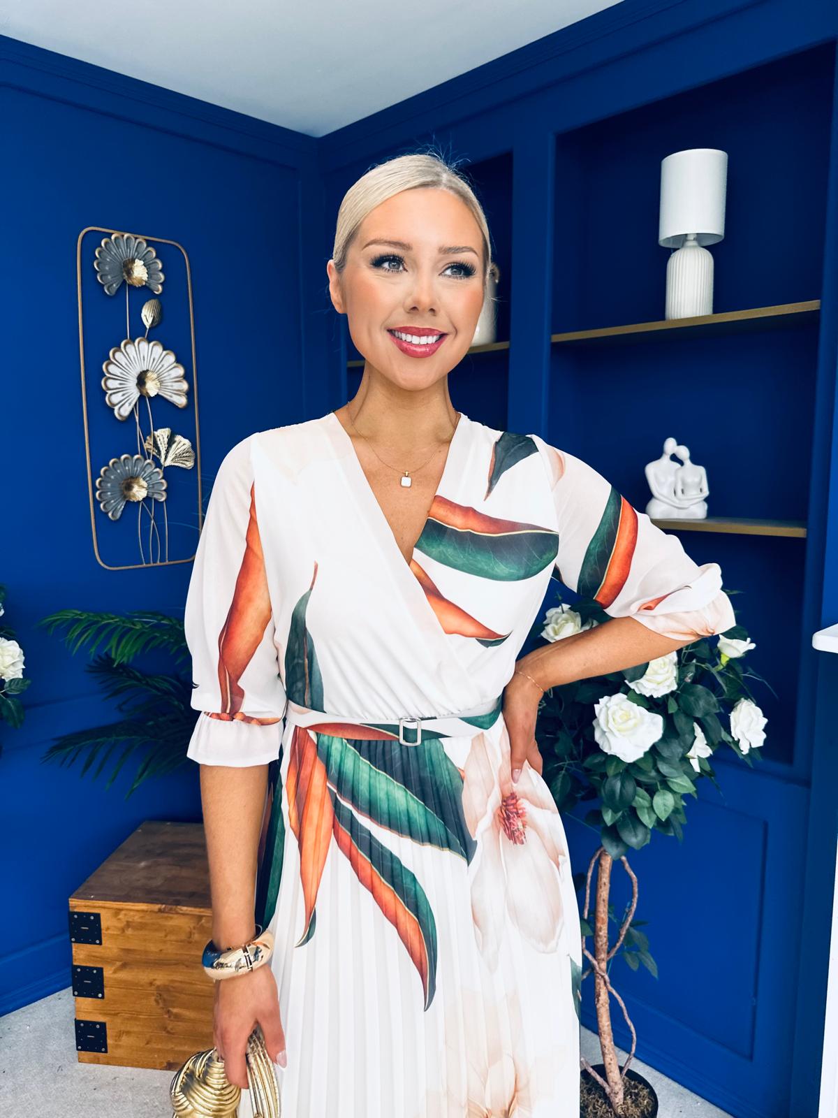 Danny Pleated Midi Dress Leaf Cream