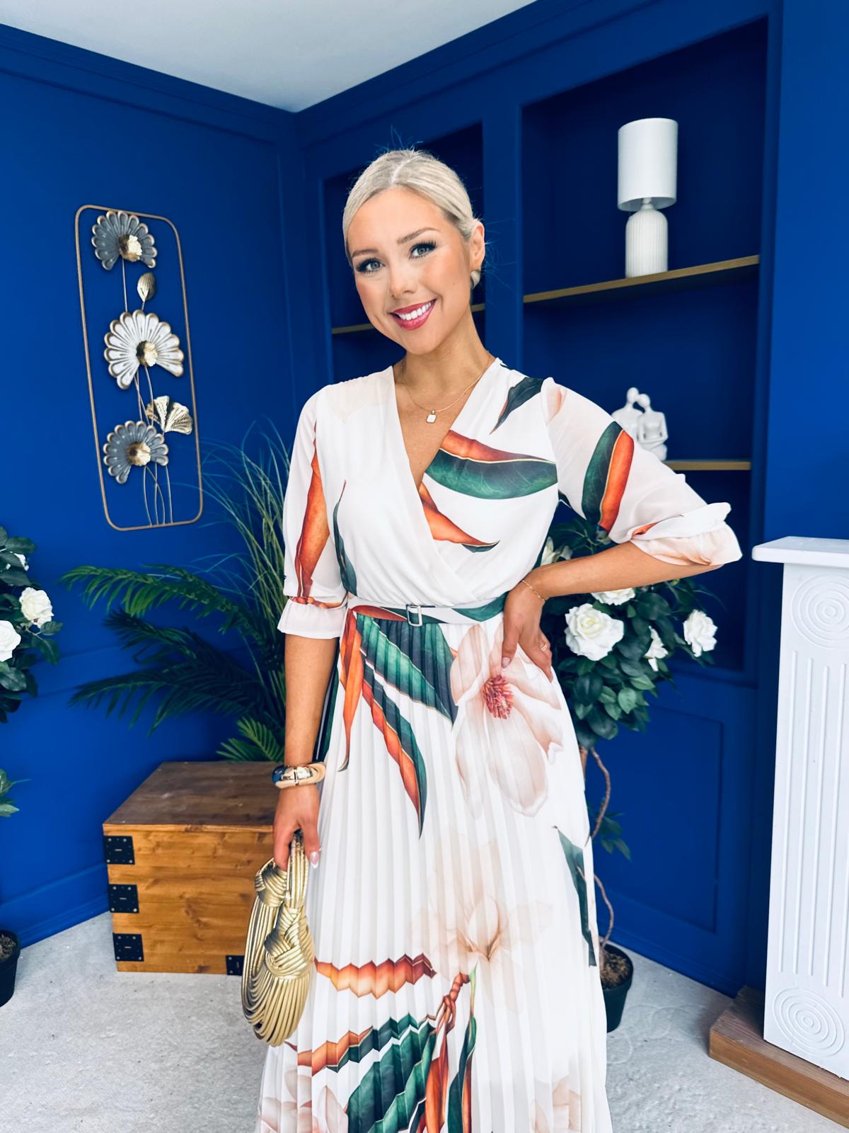 Danny Pleated Midi Dress Leaf Cream