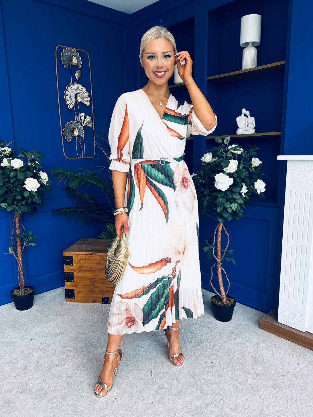 Danny Pleated Midi Dress Leaf Cream