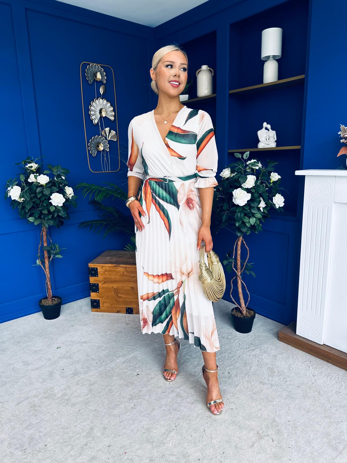 Danny Pleated Midi Dress Leaf Cream