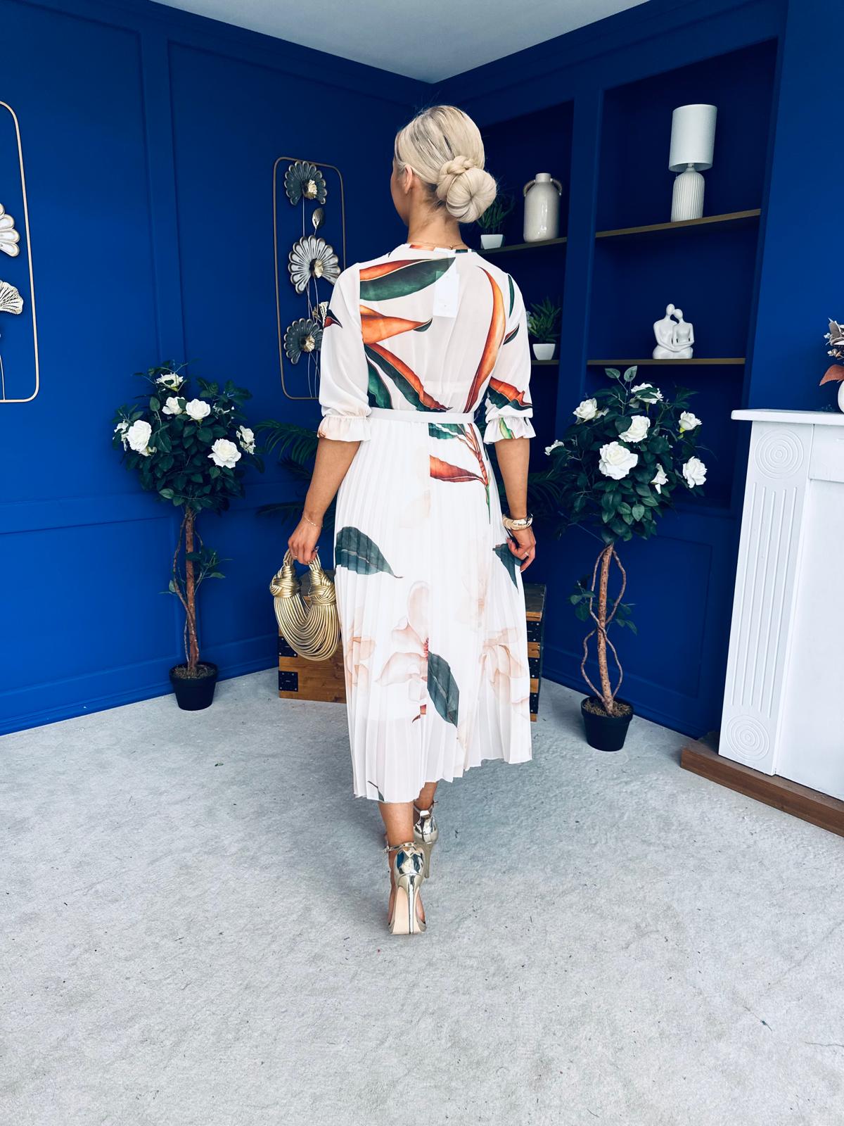 Danny Pleated Midi Dress Leaf Cream