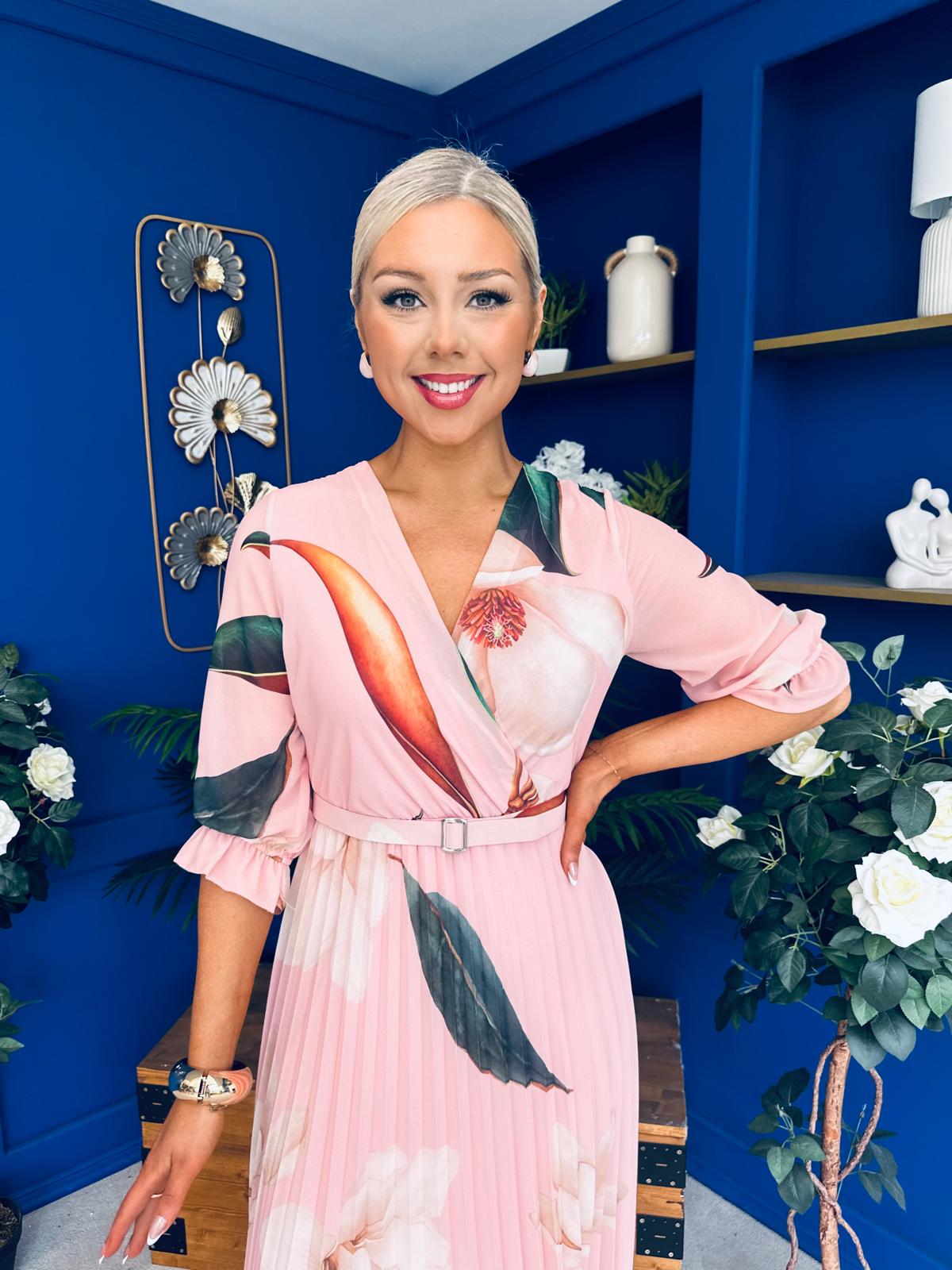 Danny Pleated Midi Dress Leaf Pink