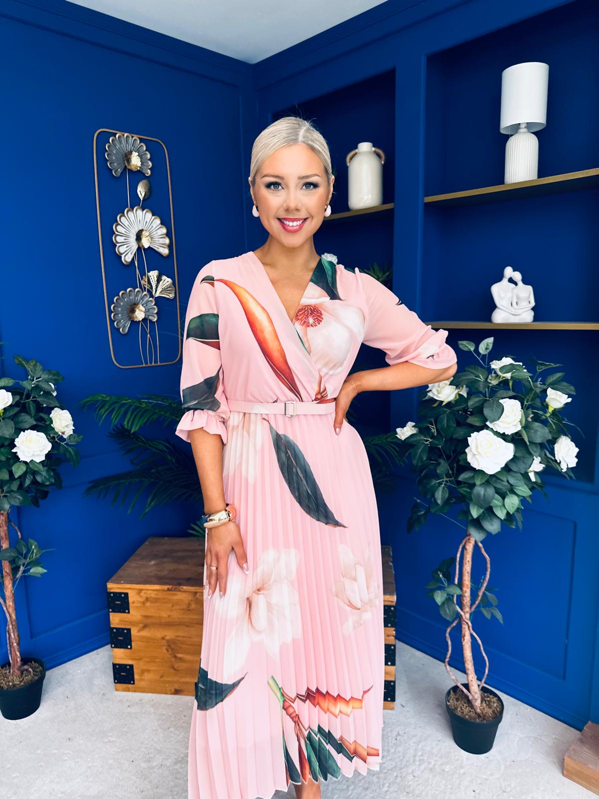 Danny Pleated Midi Dress Leaf Pink