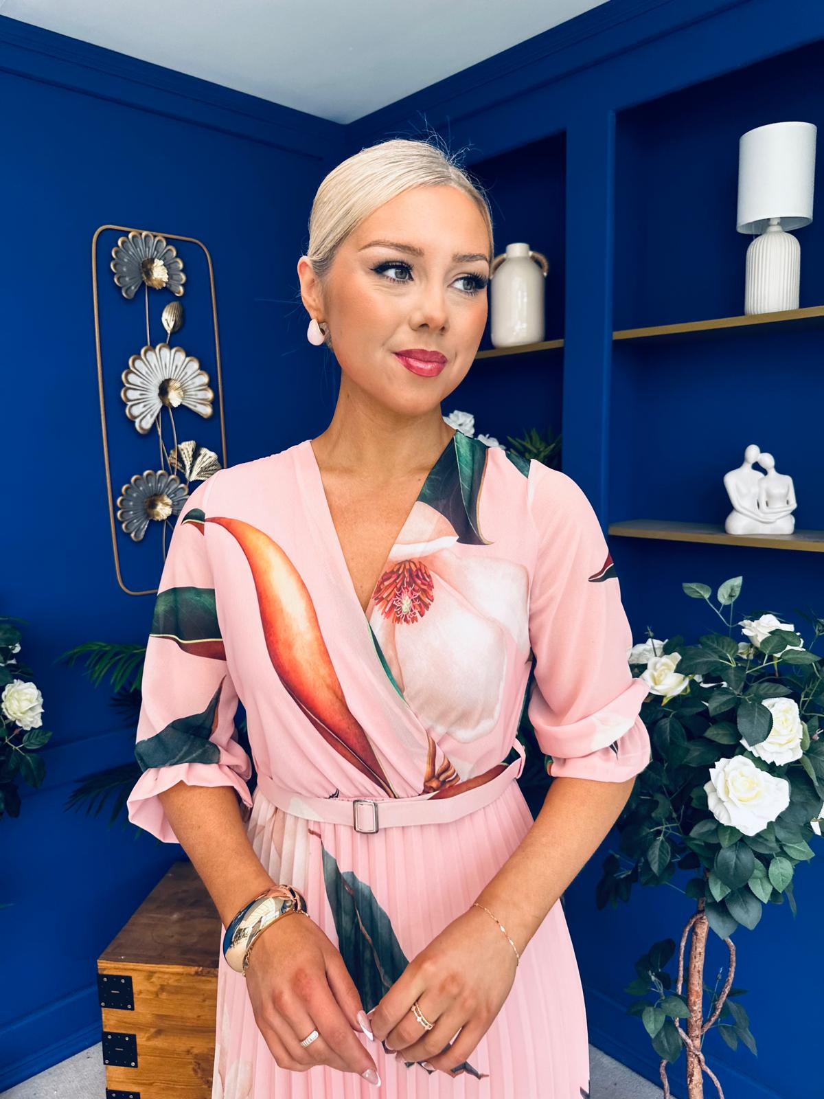 Danny Pleated Midi Dress Leaf Pink