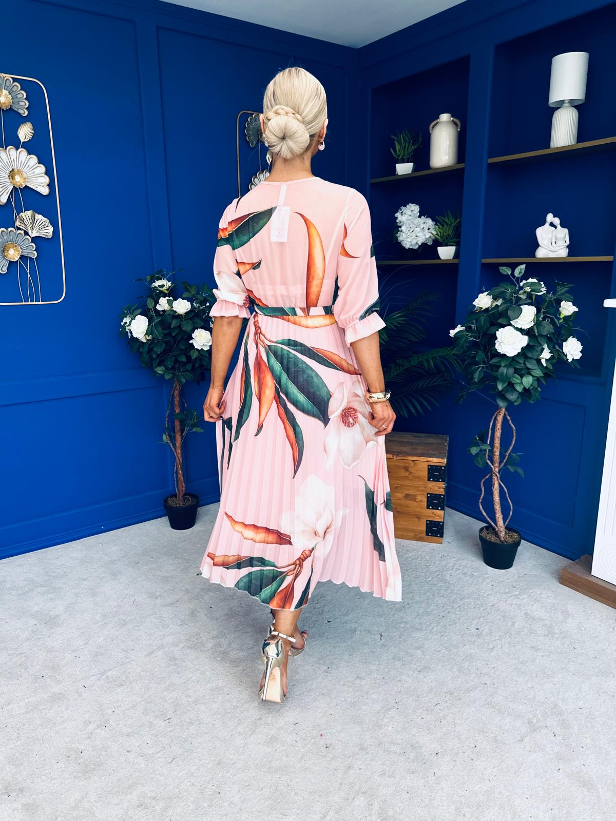 Danny Pleated Midi Dress Leaf Pink