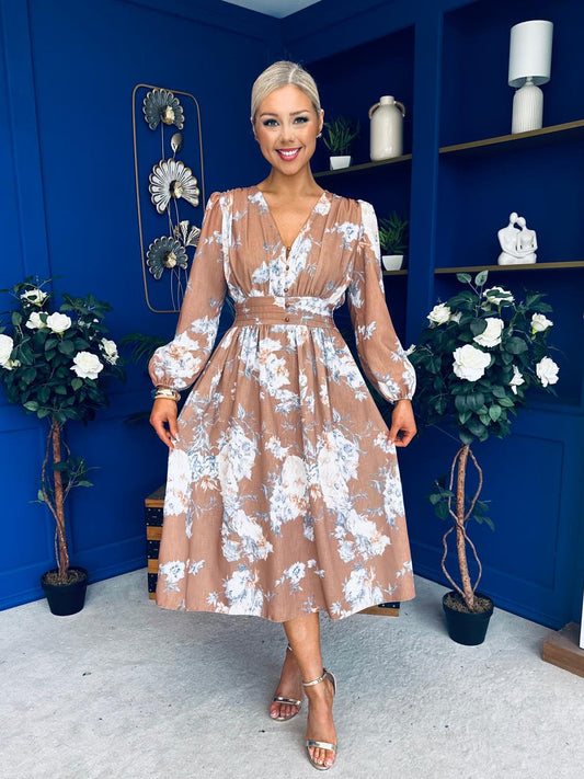 Orlaith Banded Midi Dress Floral Mocha
