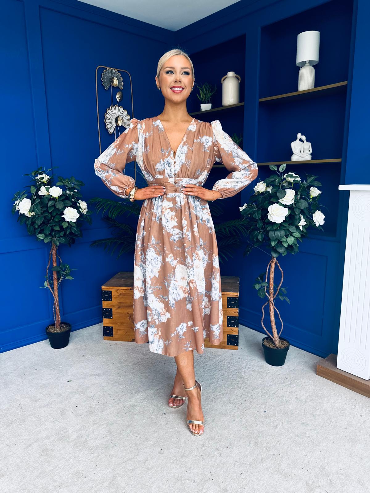 Orlaith Banded Midi Dress Floral Mocha