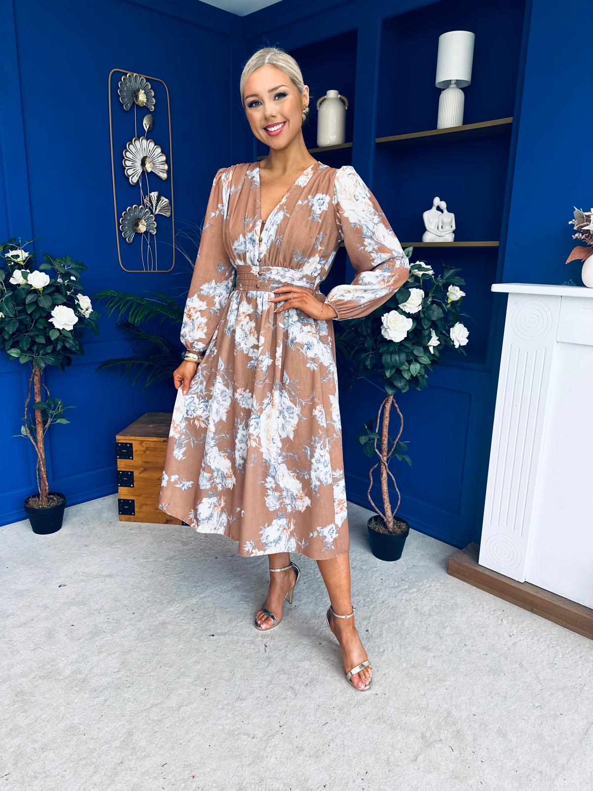 Orlaith Banded Midi Dress Floral Mocha