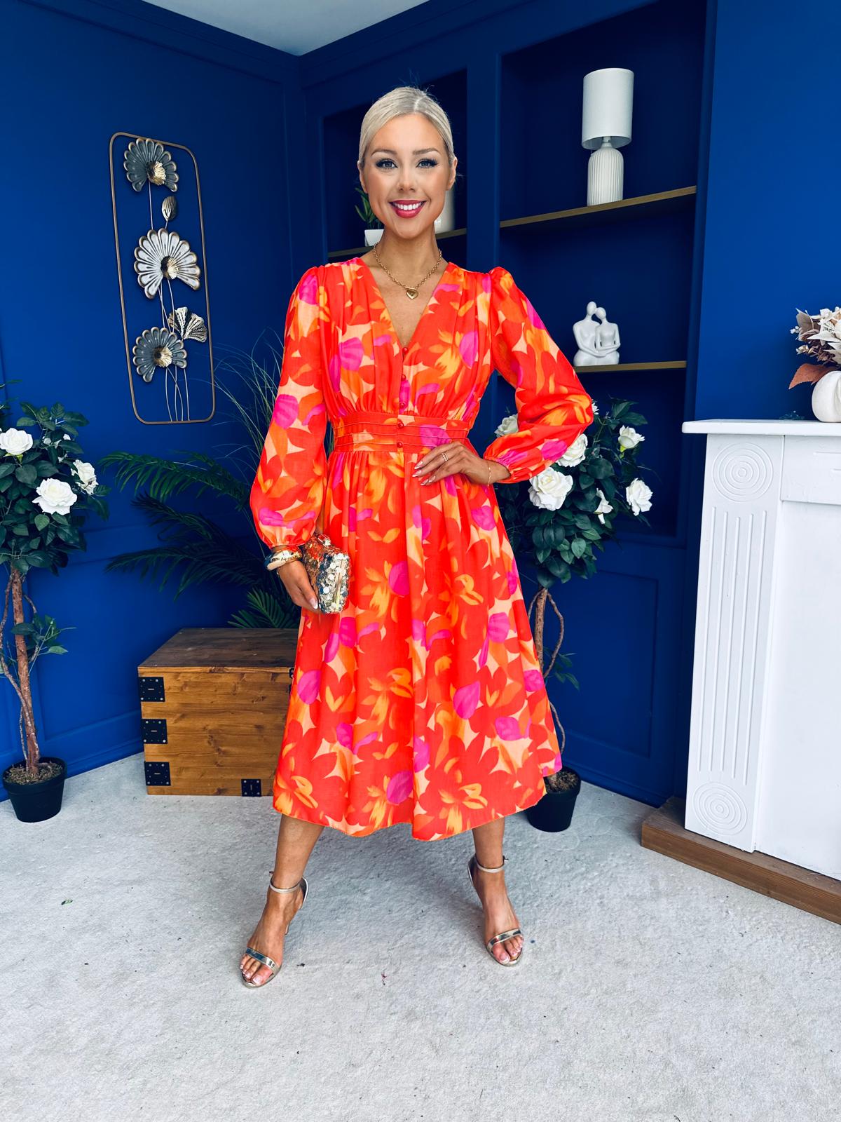 Orlaith Banded Midi Dress Floral Coral