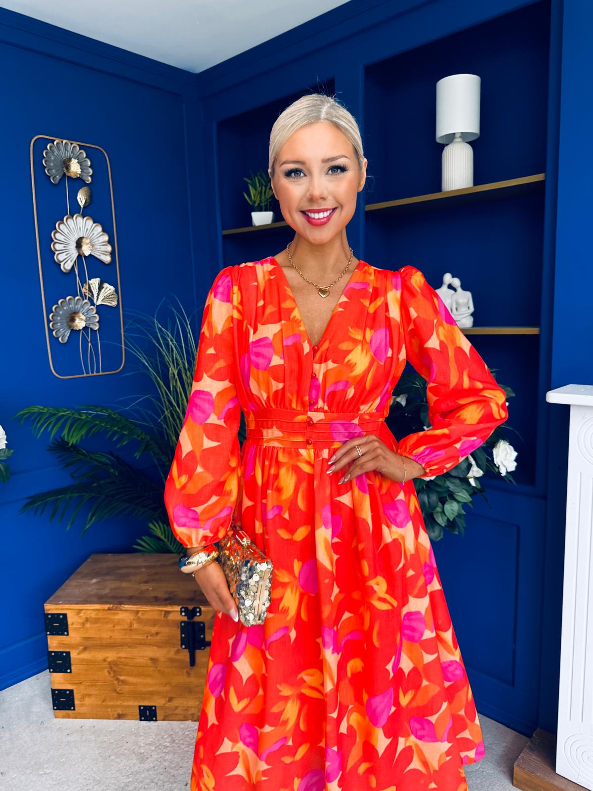 Orlaith Banded Midi Dress Floral Coral
