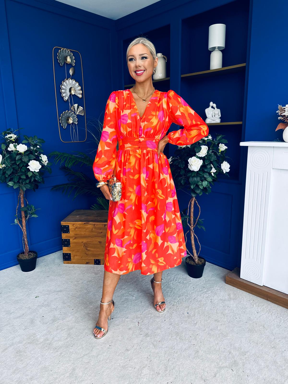 Orlaith Banded Midi Dress Floral Coral