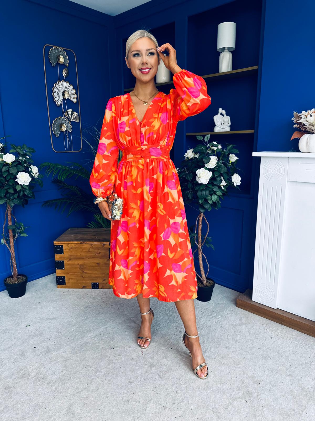 Orlaith Banded Midi Dress Floral Coral