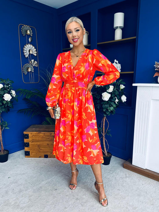 Orlaith Banded Midi Dress Floral Coral