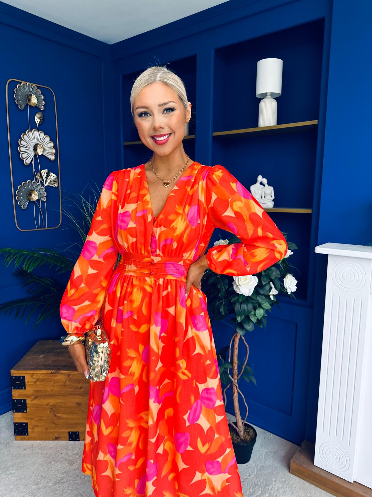 Orlaith Banded Midi Dress Floral Coral