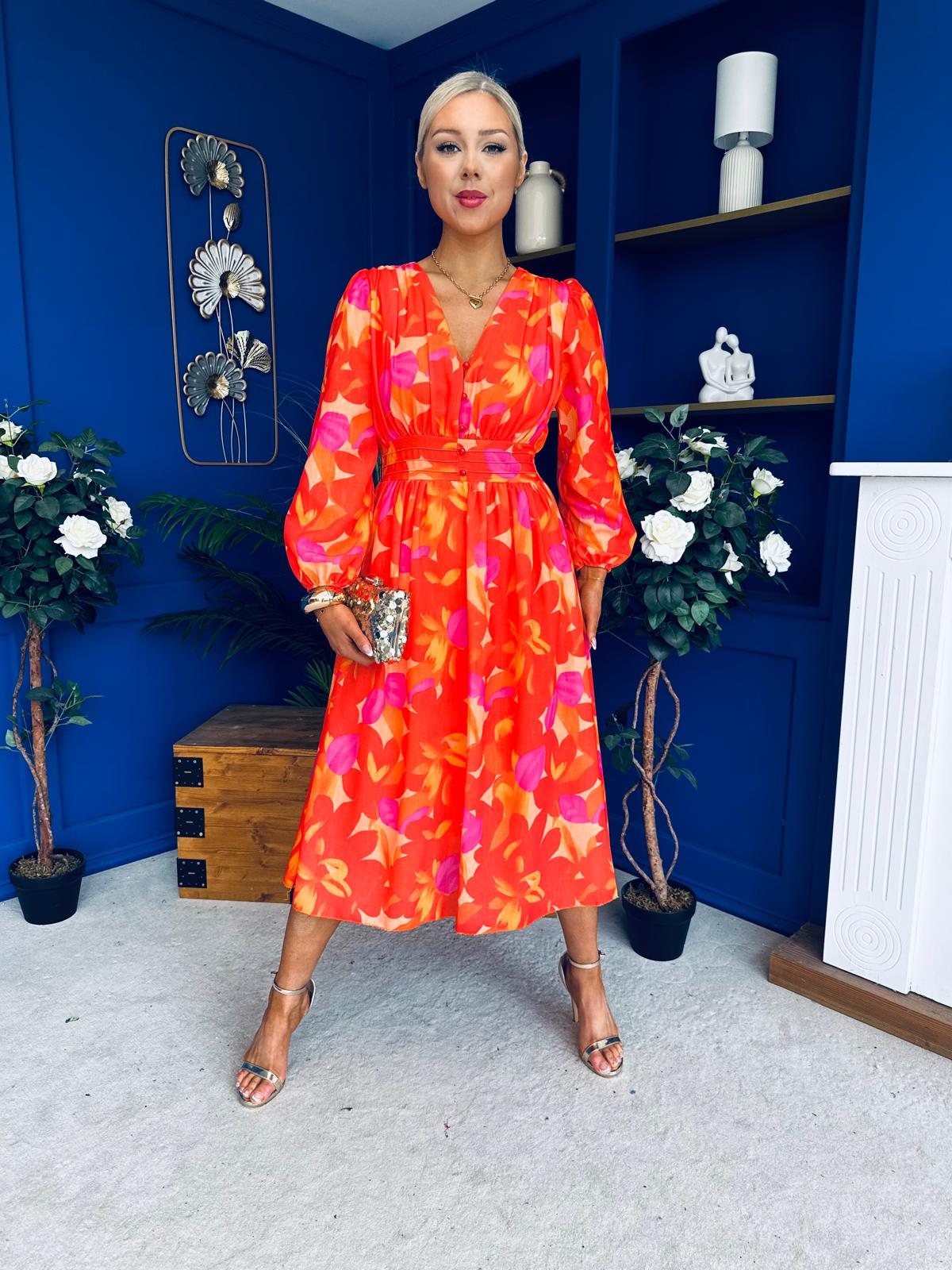 Orlaith Banded Midi Dress Floral Coral
