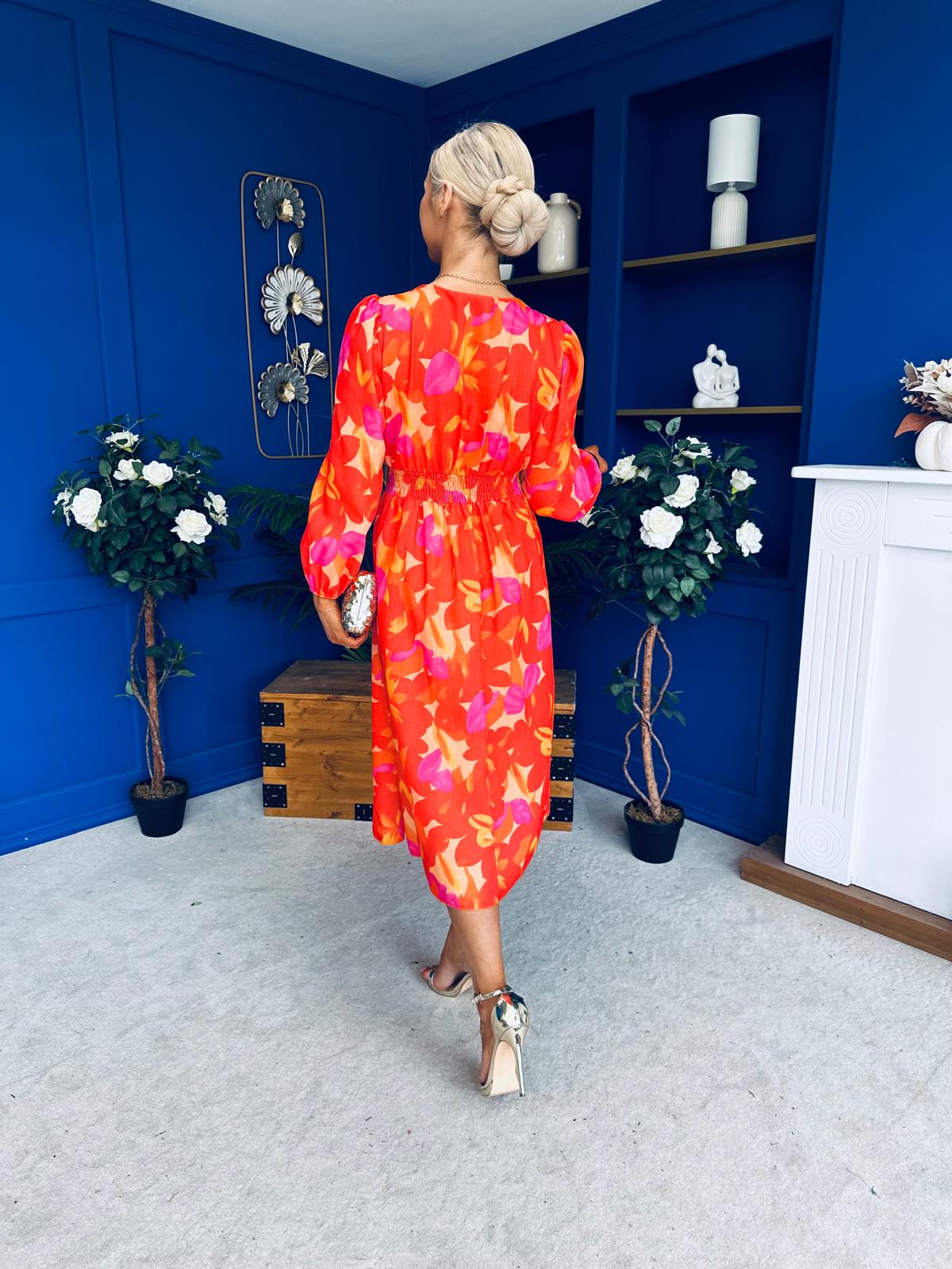 Orlaith Banded Midi Dress Floral Coral