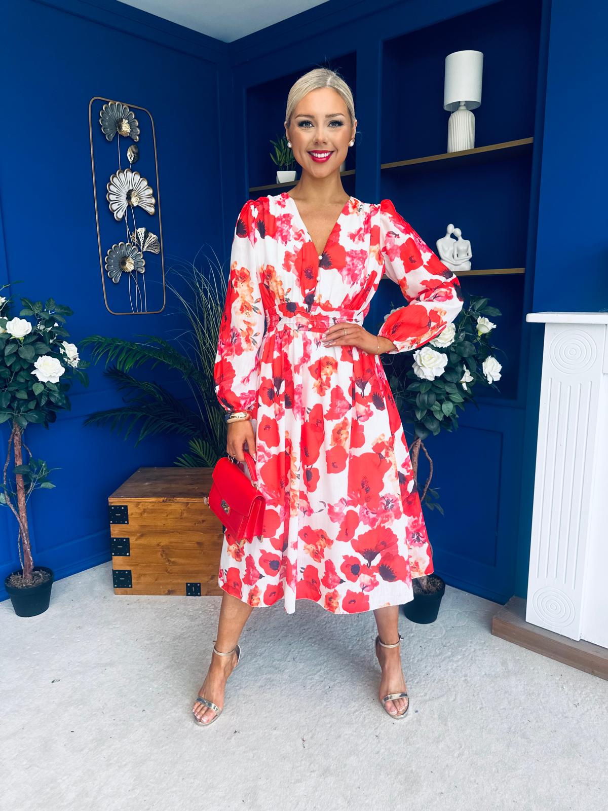 Orlaith Banded Midi Dress Floral White