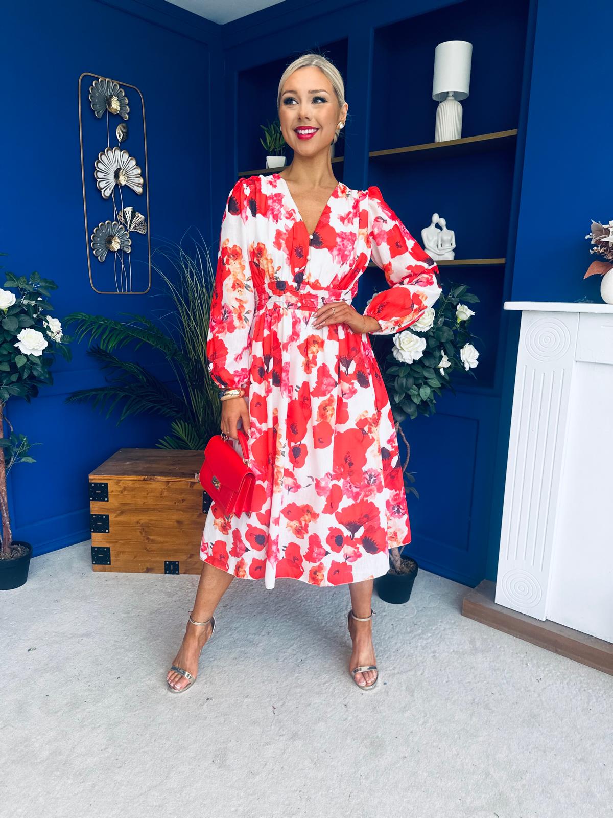 Orlaith Banded Midi Dress Floral White