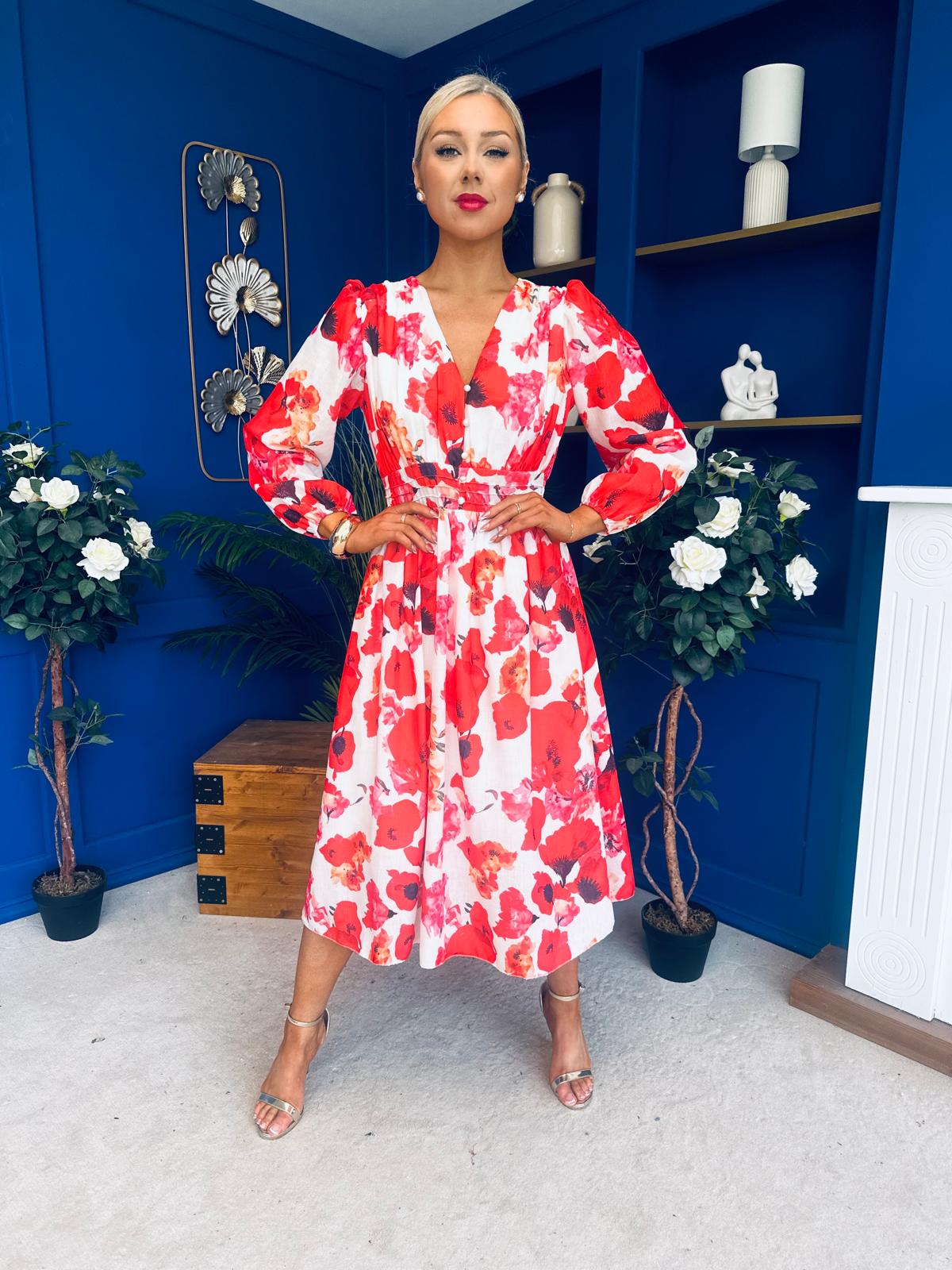 Orlaith Banded Midi Dress Floral White
