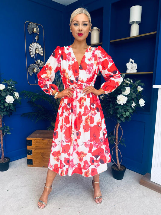 Orlaith Banded Midi Dress Floral White