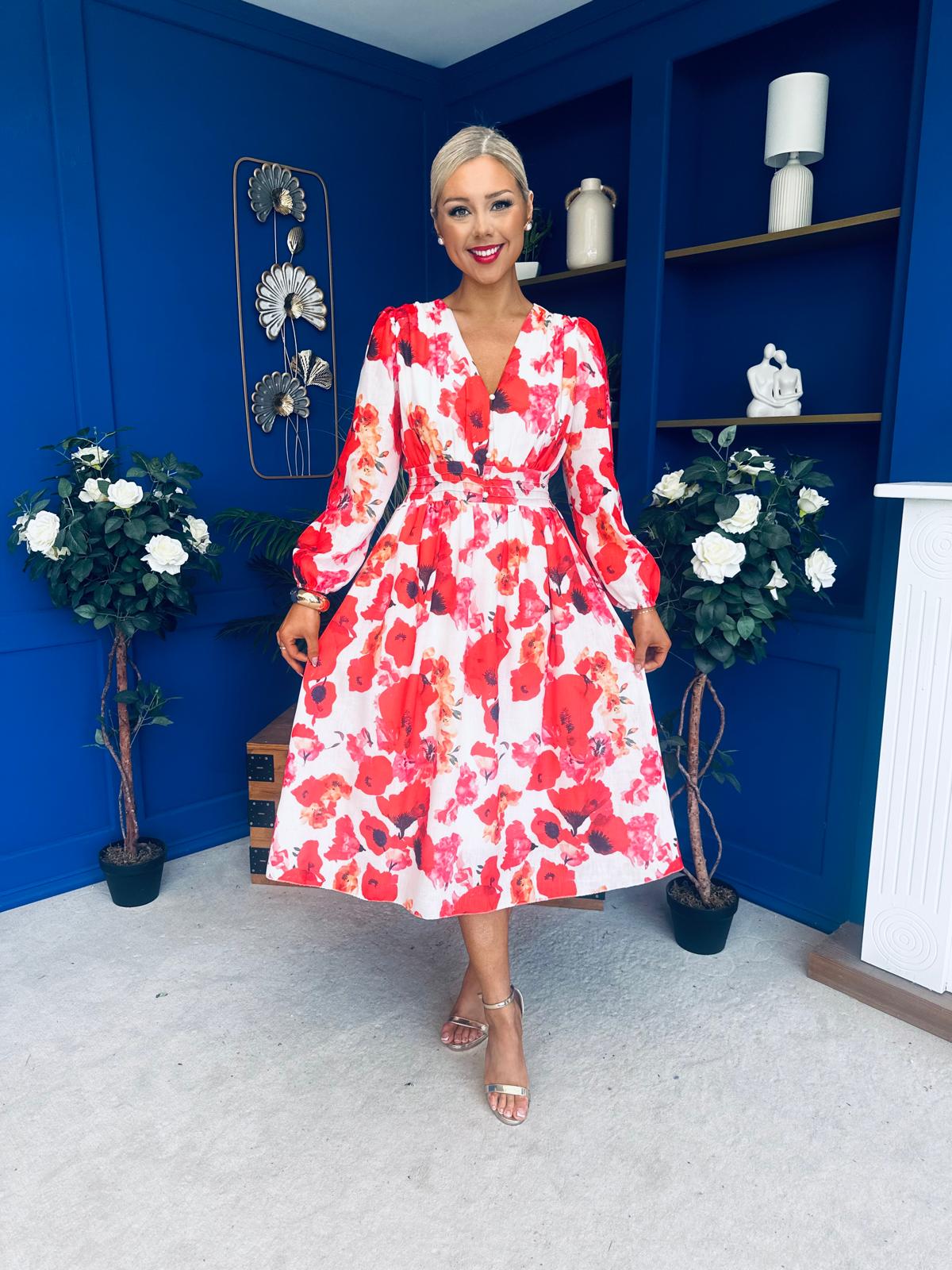 Orlaith Banded Midi Dress Floral White