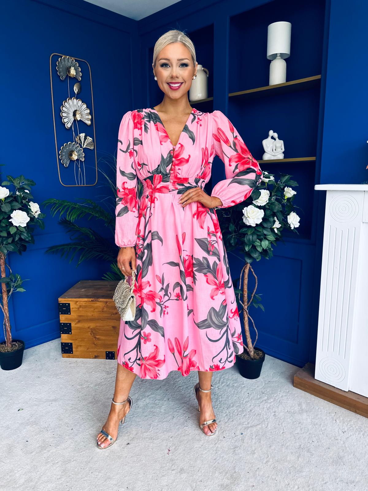 Orlaith Banded Midi Dress Floral Cerise