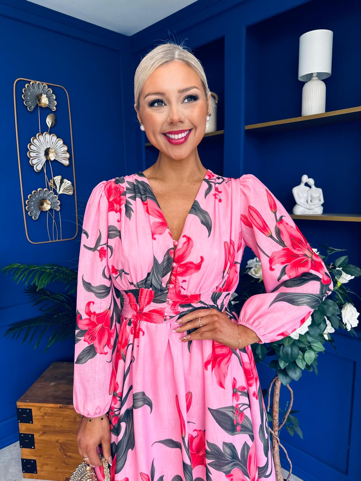 Orlaith Banded Midi Dress Floral Cerise