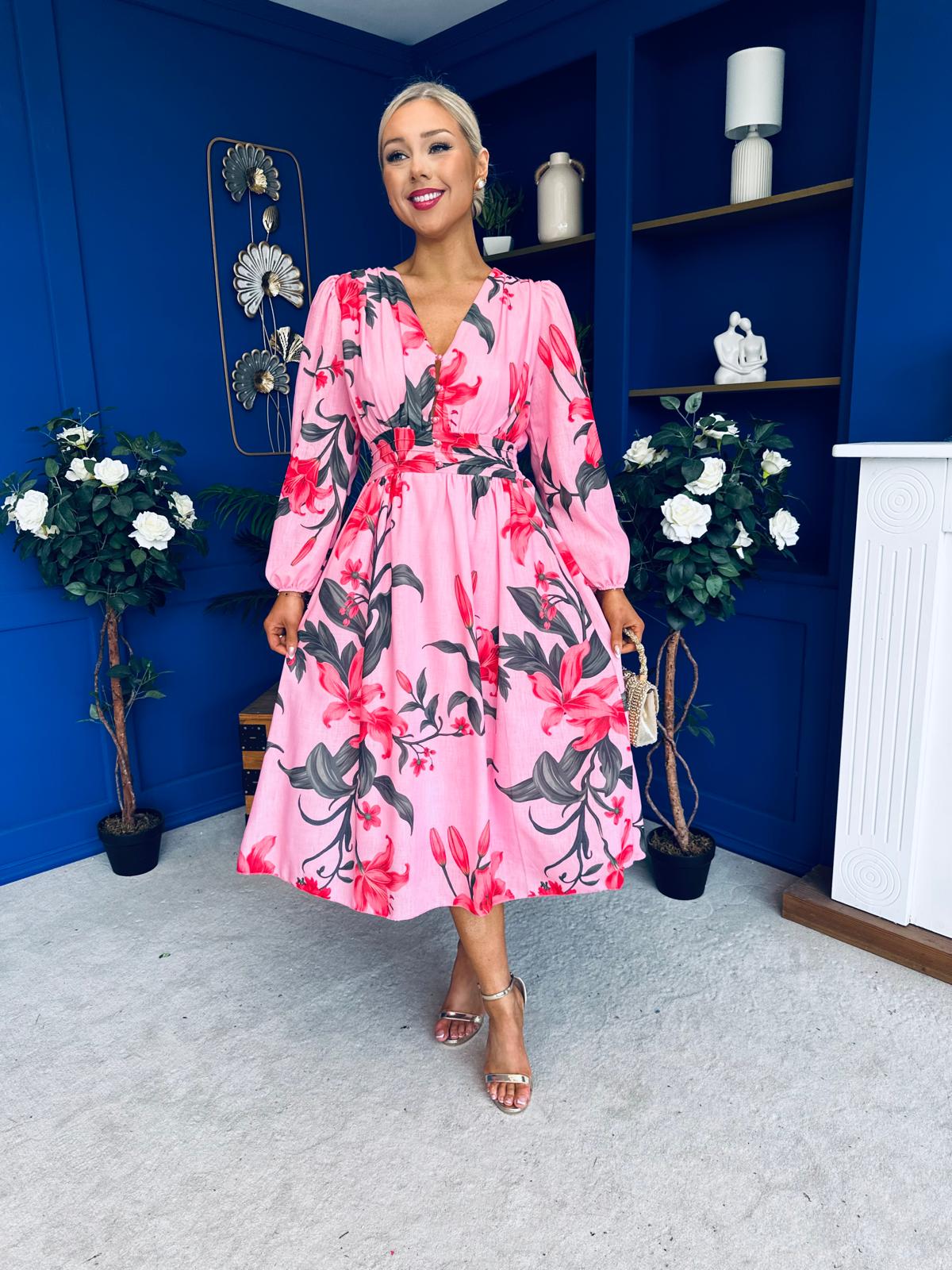 Orlaith Banded Midi Dress Floral Cerise