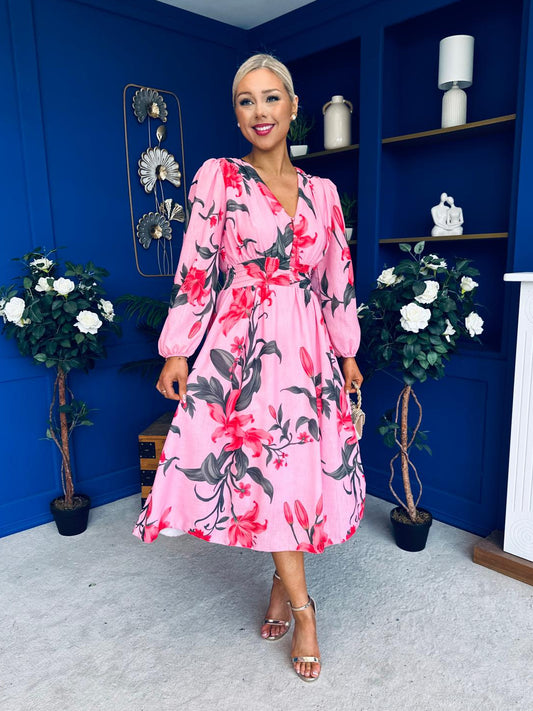 Orlaith Banded Midi Dress Floral Cerise