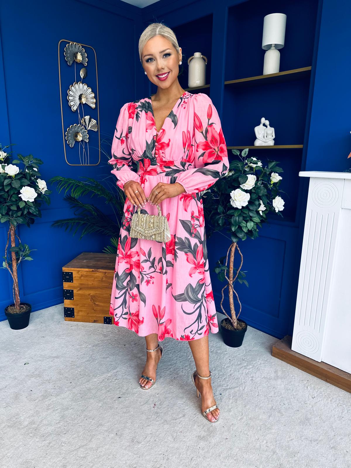 Orlaith Banded Midi Dress Floral Cerise