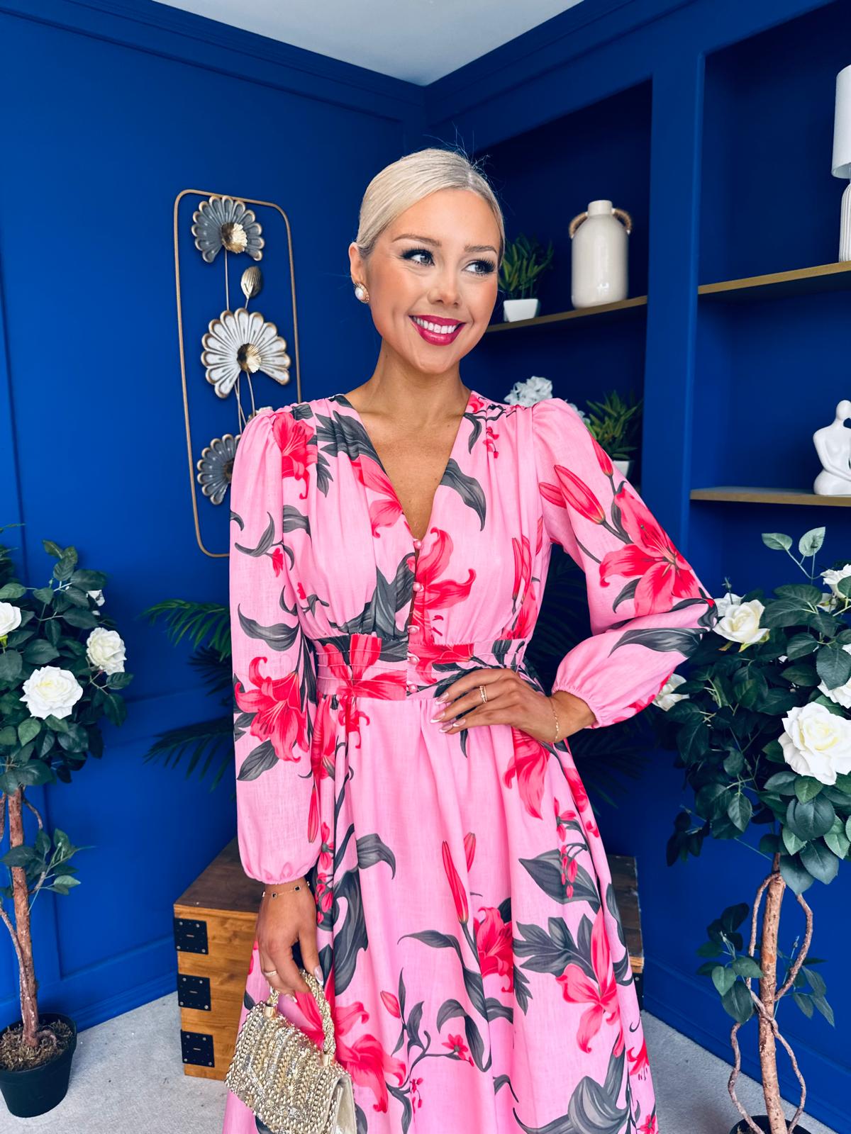 Orlaith Banded Midi Dress Floral Cerise
