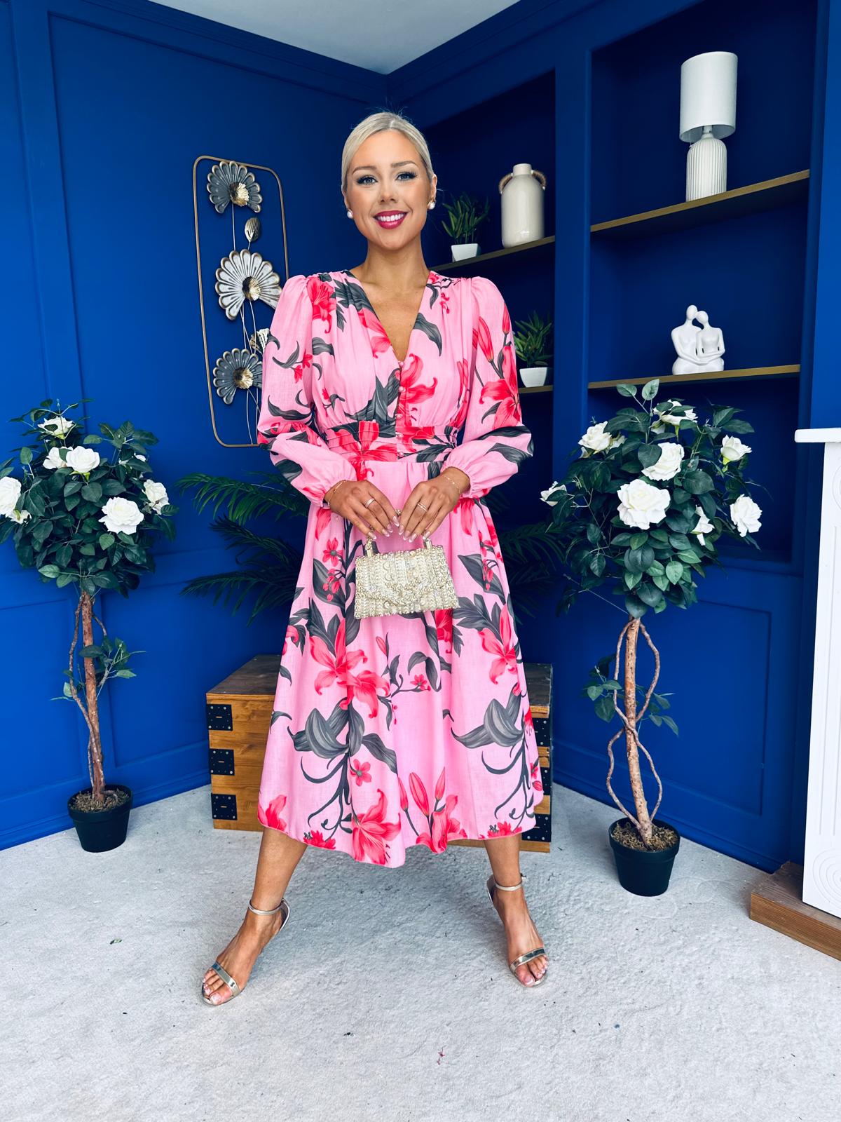 Orlaith Banded Midi Dress Floral Cerise