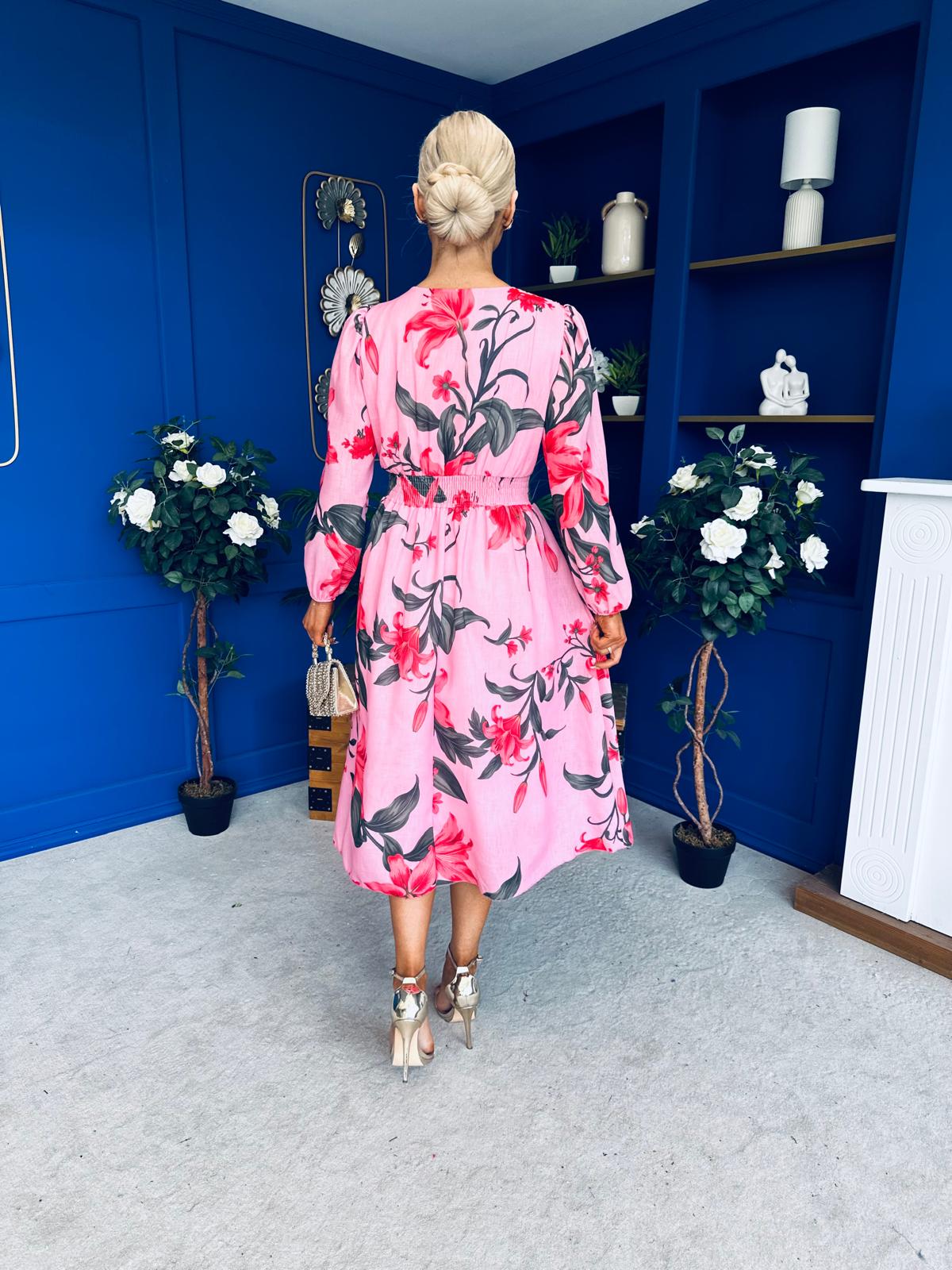 Orlaith Banded Midi Dress Floral Cerise