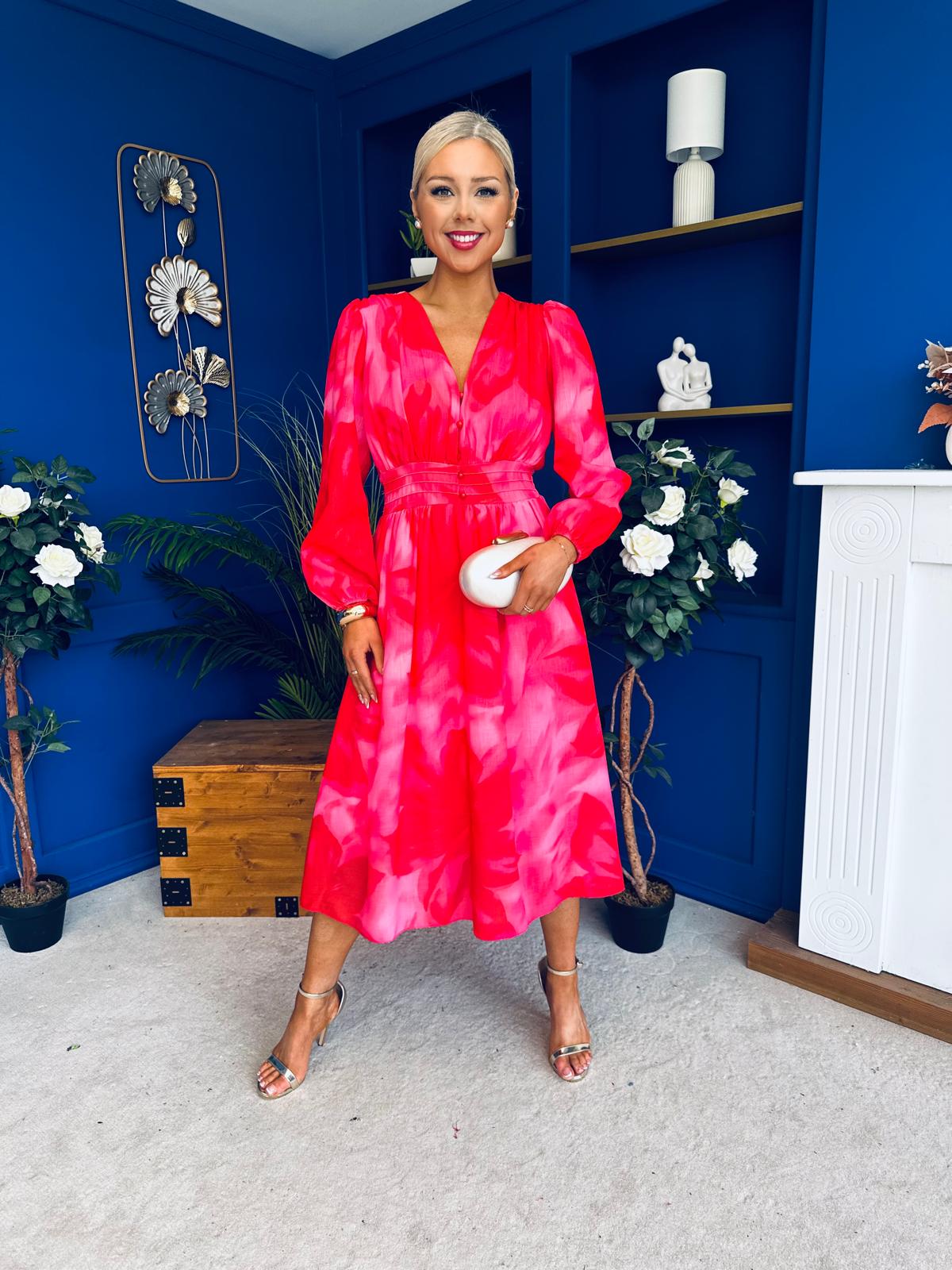 Orlaith Banded Midi Dress Floral Hot Pink