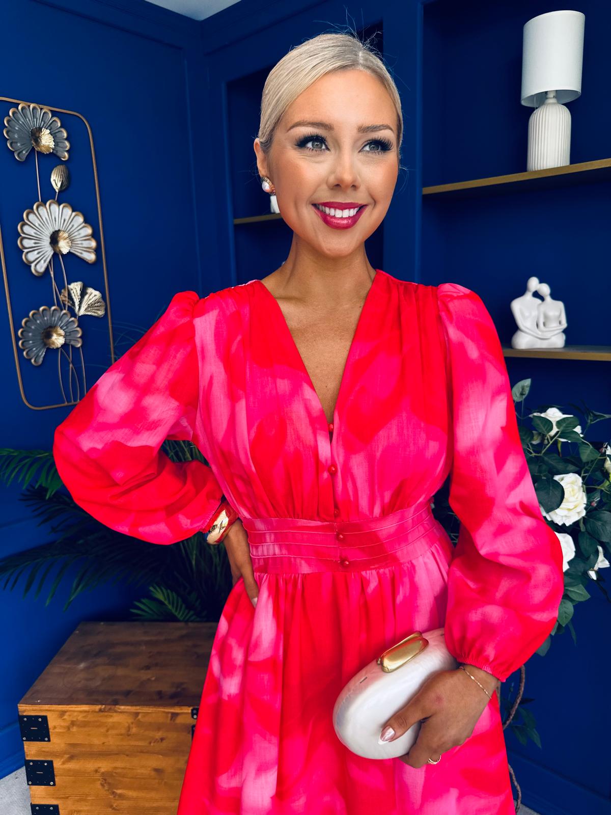 Orlaith Banded Midi Dress Floral Hot Pink
