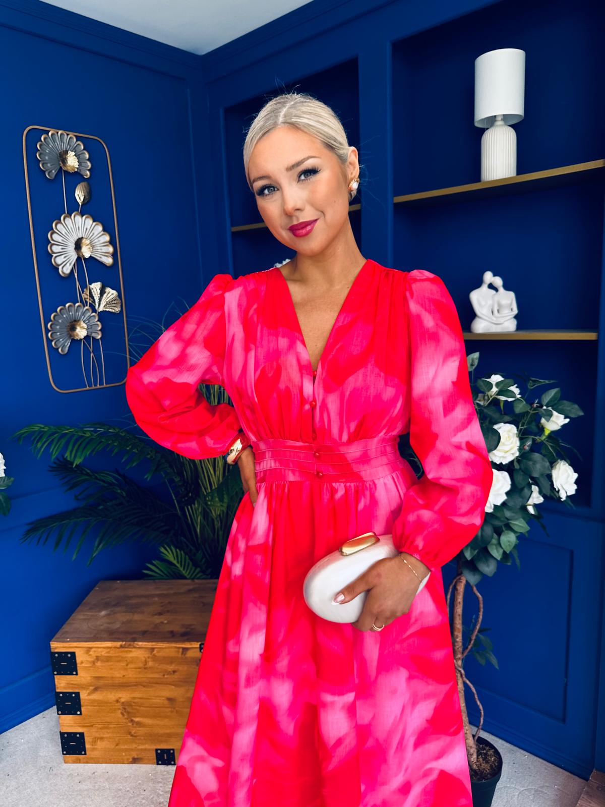 Orlaith Banded Midi Dress Floral Hot Pink