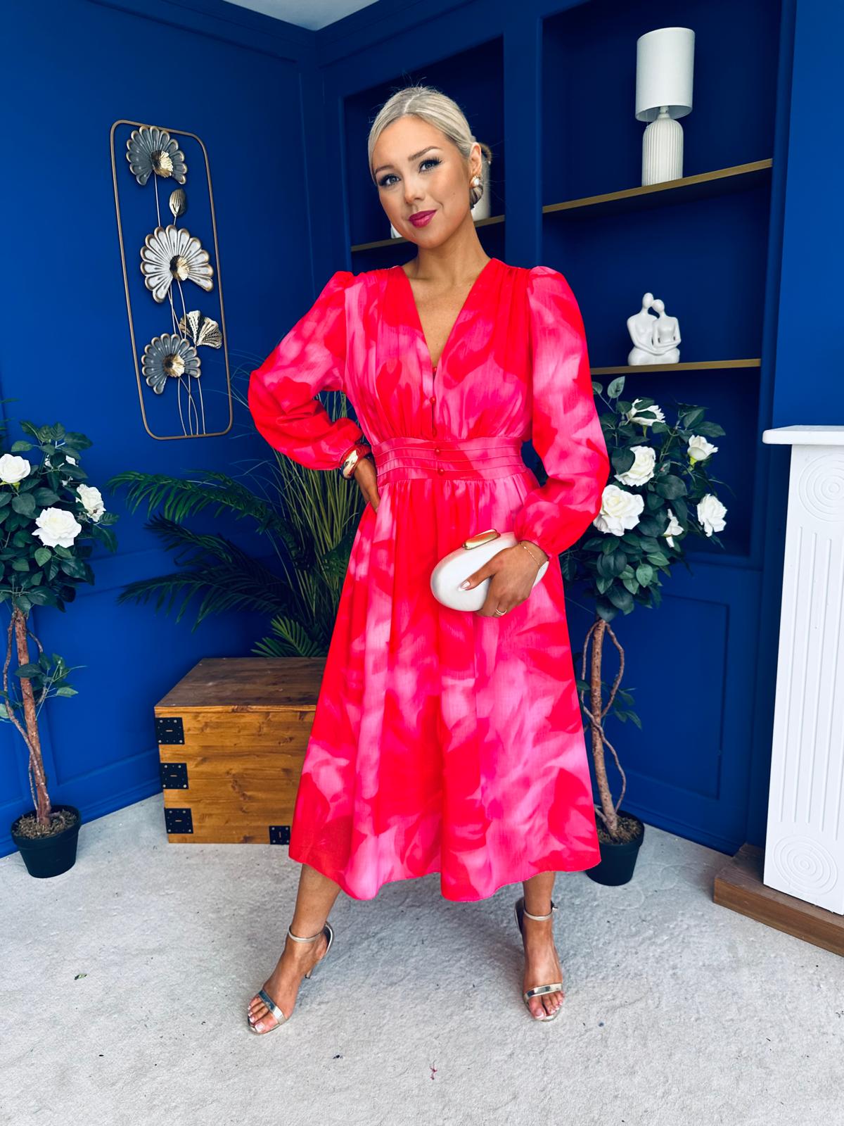 Orlaith Banded Midi Dress Floral Hot Pink