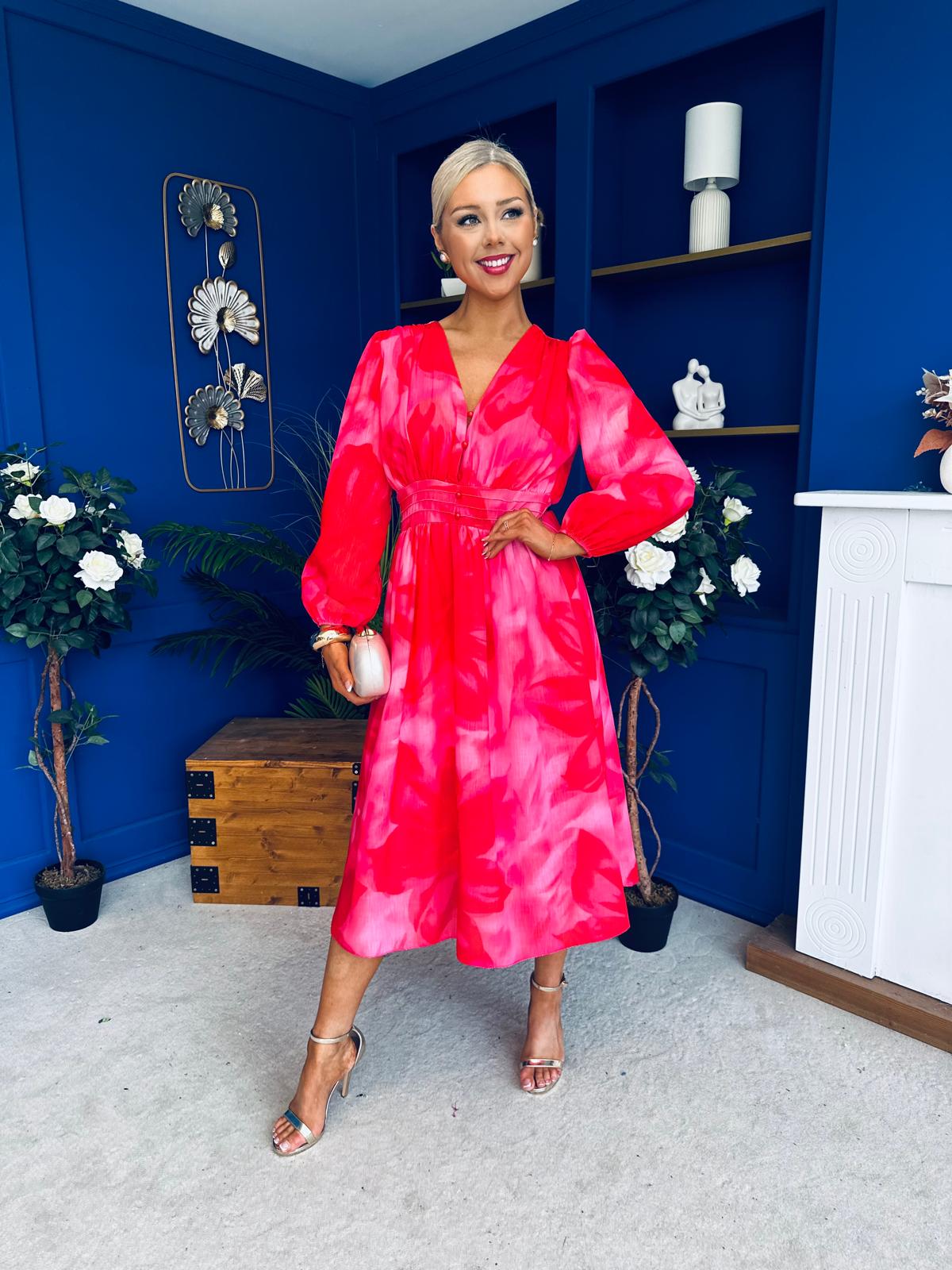 Orlaith Banded Midi Dress Floral Hot Pink
