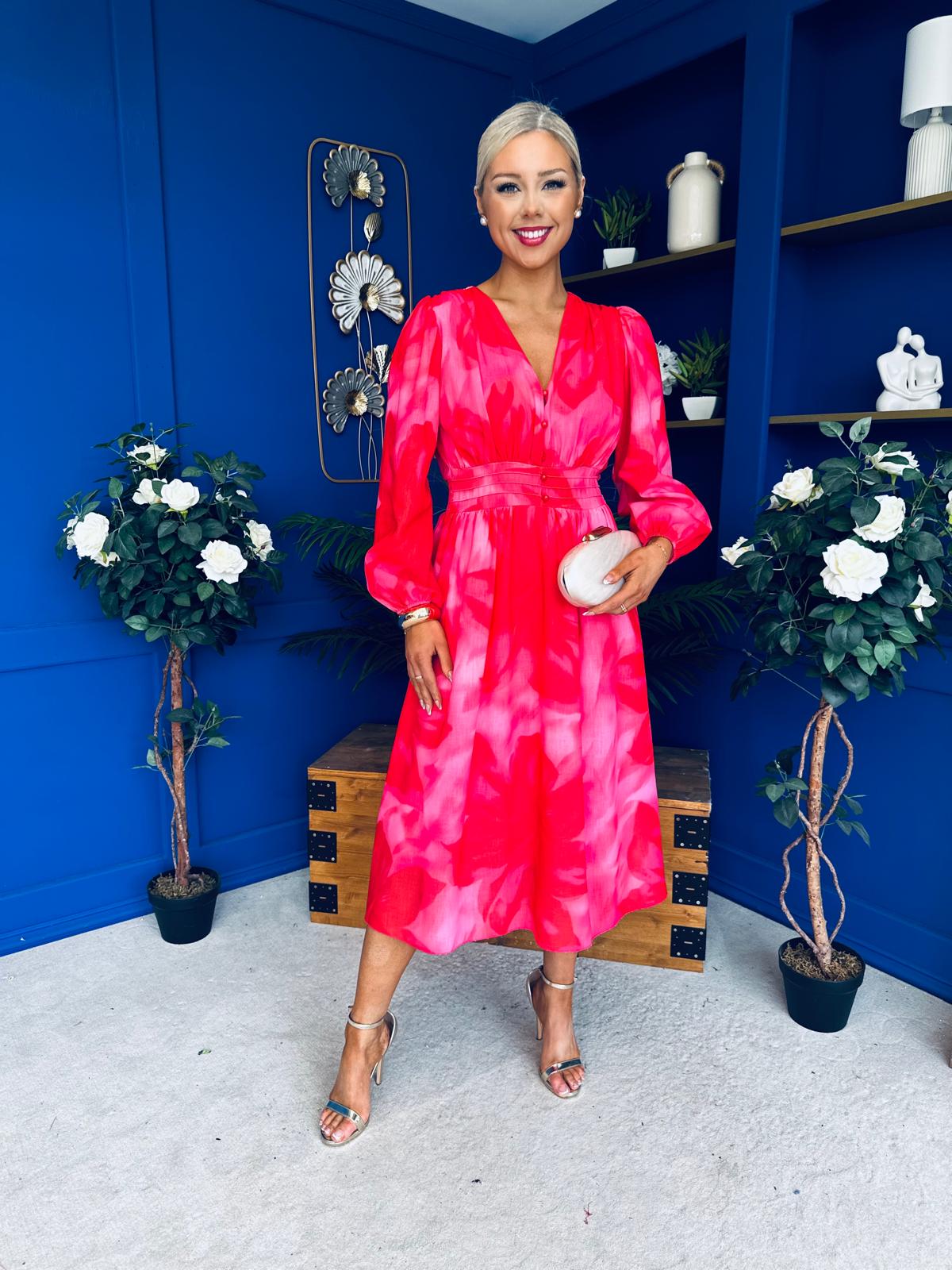 Orlaith Banded Midi Dress Floral Hot Pink
