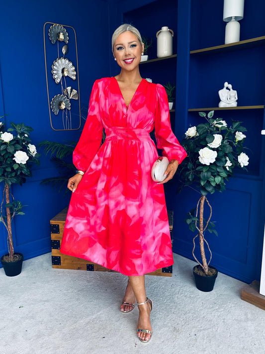 Orlaith Banded Midi Dress Floral Hot Pink